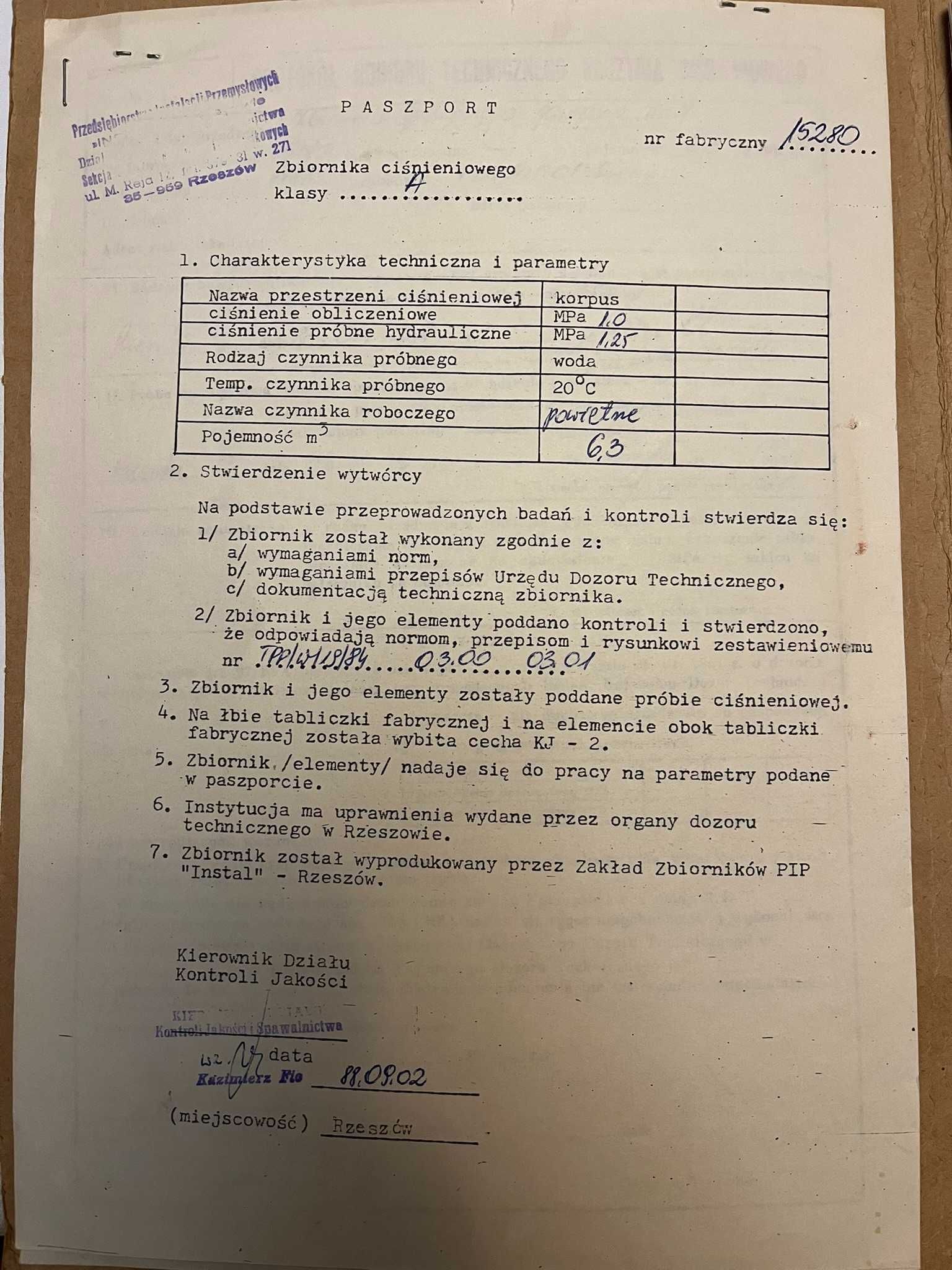 Zbiornik ciśnieniowy 6,3 m3 z dokumentacją