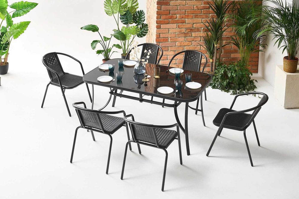Nowoczesny zestaw ogrodowy z 6 krzesłami i szklanym stołem 150cm