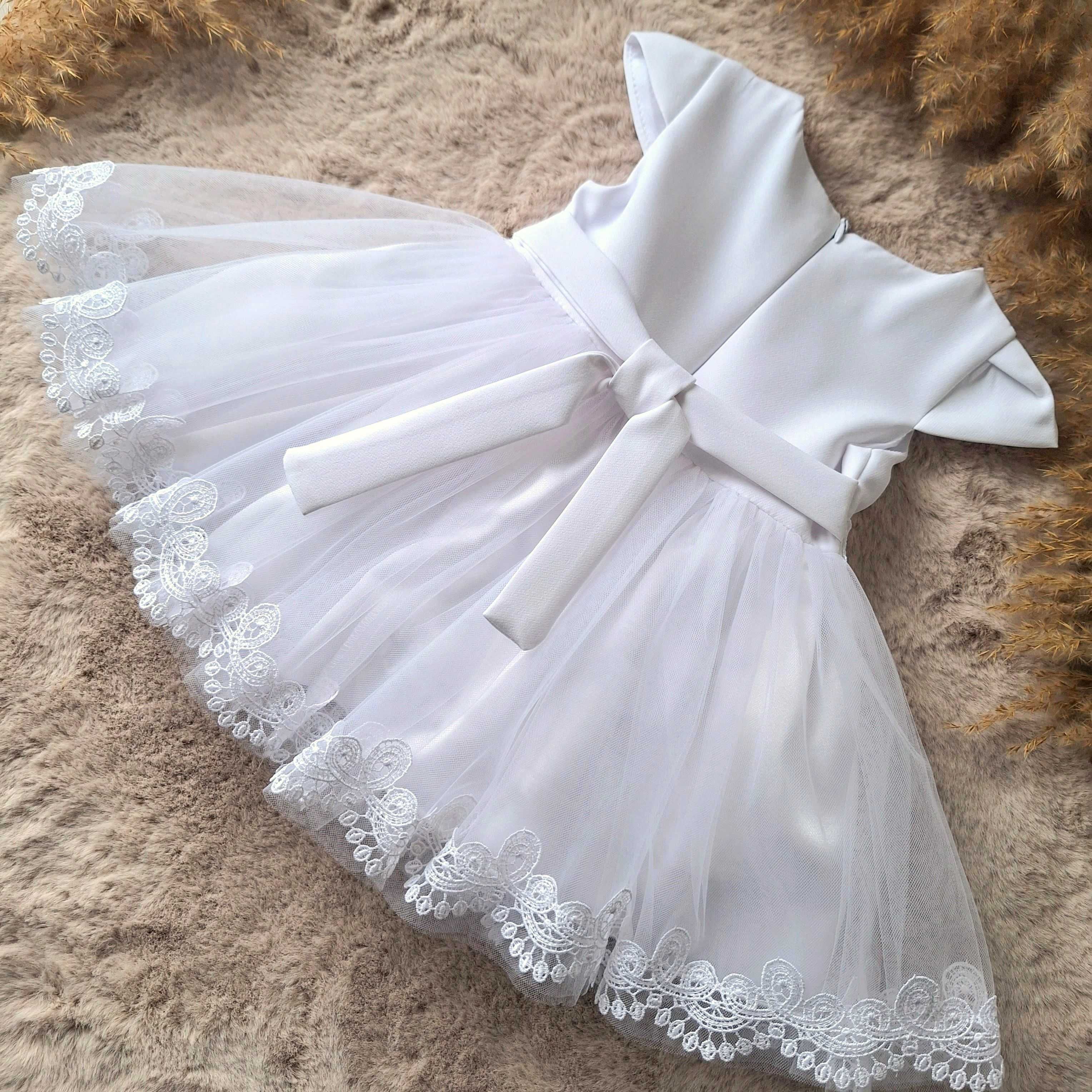 Sukienka tiulowa dla dziewczynki chrzest wesele koronkowy pasek biała