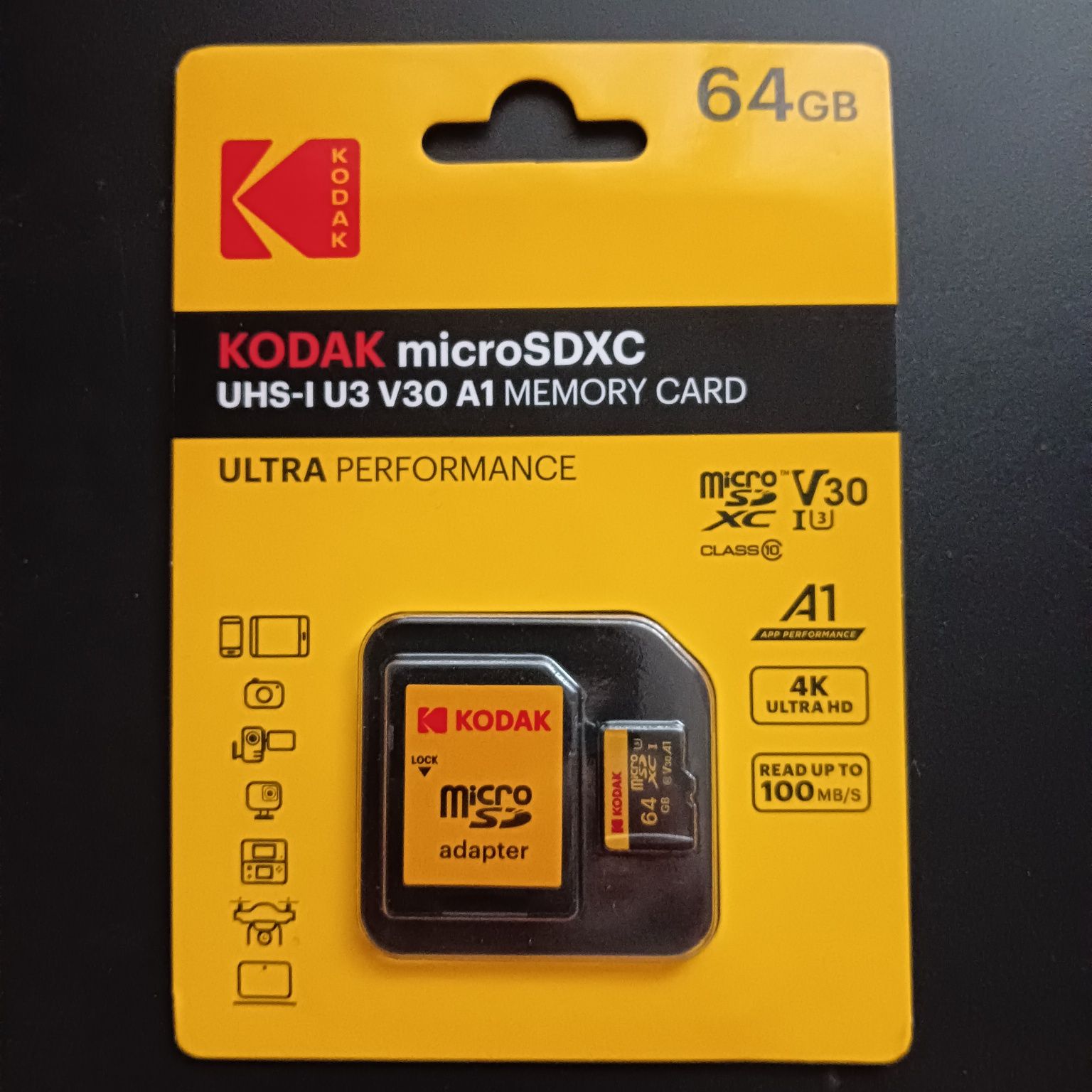 64 Gb !!! Високошвидкісна карта Kodak micro SD/TF U3 A1  64 gb оригі