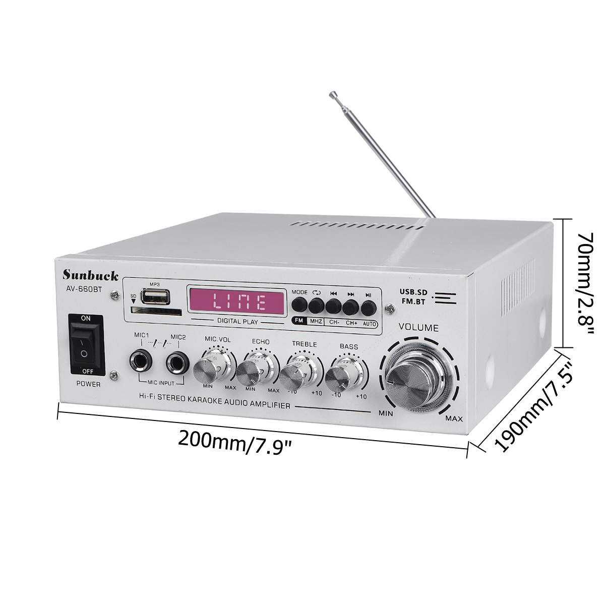 Amplificador  2.0 canais 12v 220v  eq sd usb 2 mic 5.0 bluetooth 800w