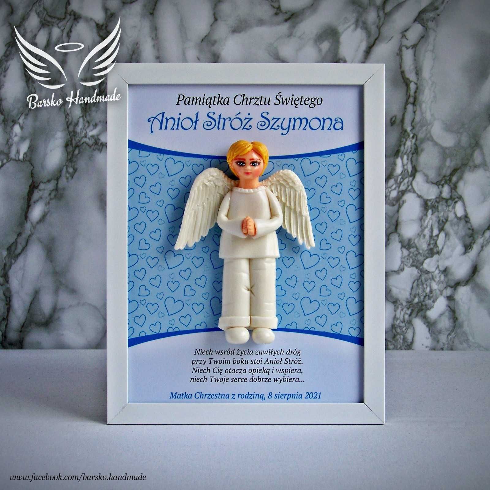Anioł Stróż z porcelany w ramce 18x24 jako Pamiątka Chrztu Świętego