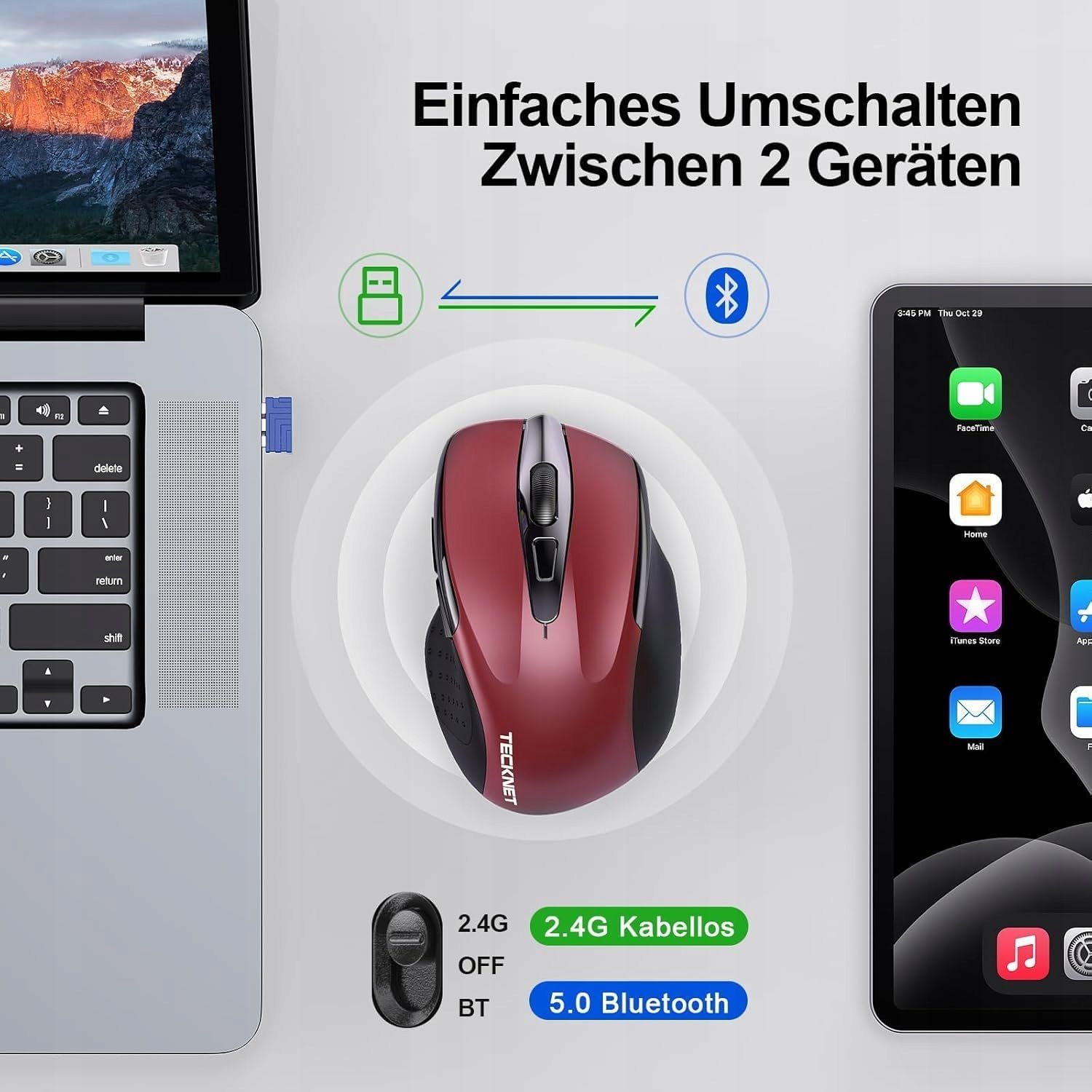 Bezprzewodowa Mysz Komputerowa Bluetooth/2.4Ghz Ładowalna Czerwona