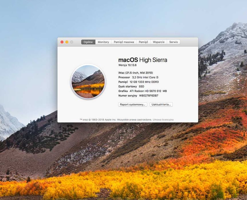 Apple iMac 21.5 / Mid 2010 / 3.2 GHz / A1311 / SSD 256GB / mysz+klaw