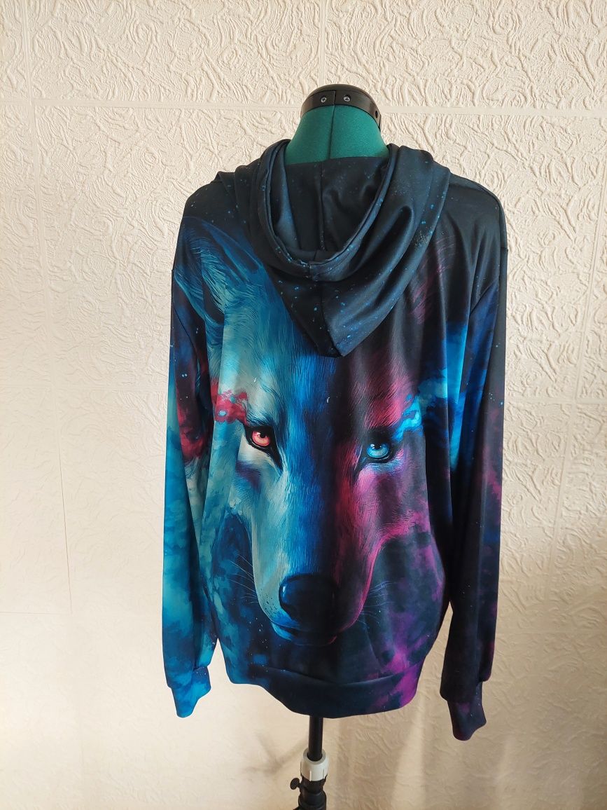 Bluza z wilkiem wilk 3D niebiesko różowa z kapturem