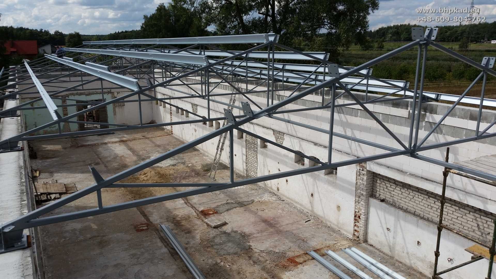 Bindry. Wiązary dachowe. 10x31m. Dach stalowy. BHP KAD. Bartoszyce.