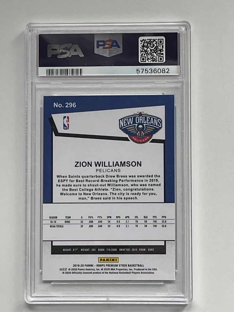 Zion Williamson karta NBA Hoops Premium Stock Tribute Grading PSA 9