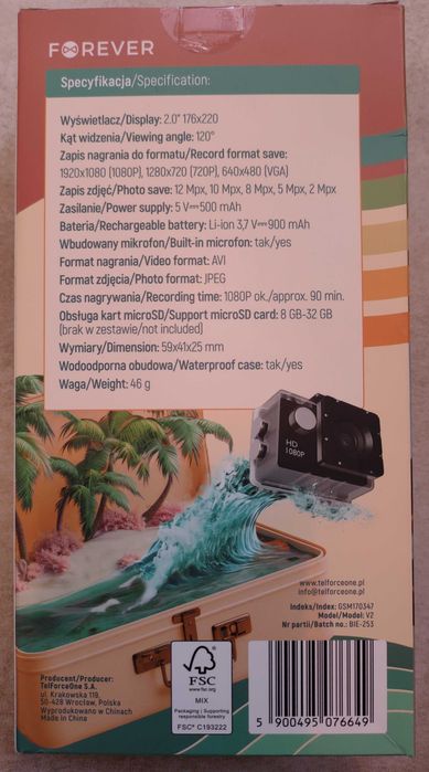Kamera sportowa Forever. Full HD. Wodoodporna