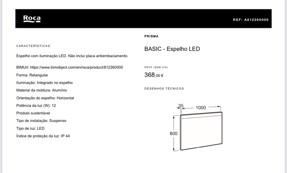 Espelho Roca rectangular led, sem marcas de uso, como novo