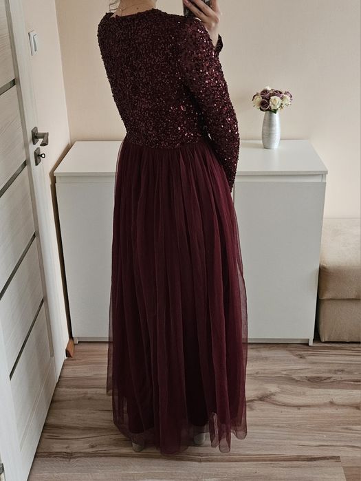 Bordowa sukienka maxi tiulowa z cekinami maya deluxe 38 M wesele
