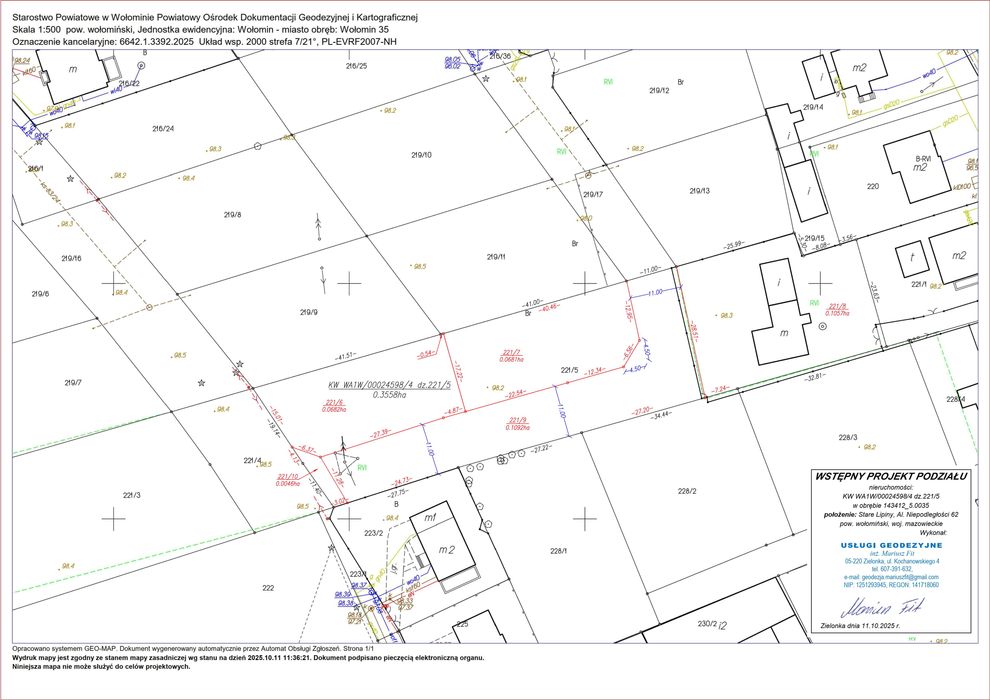 Działka budowlana 221/6 – połówka bliźniaka – Wołomin – 0,0682 ha