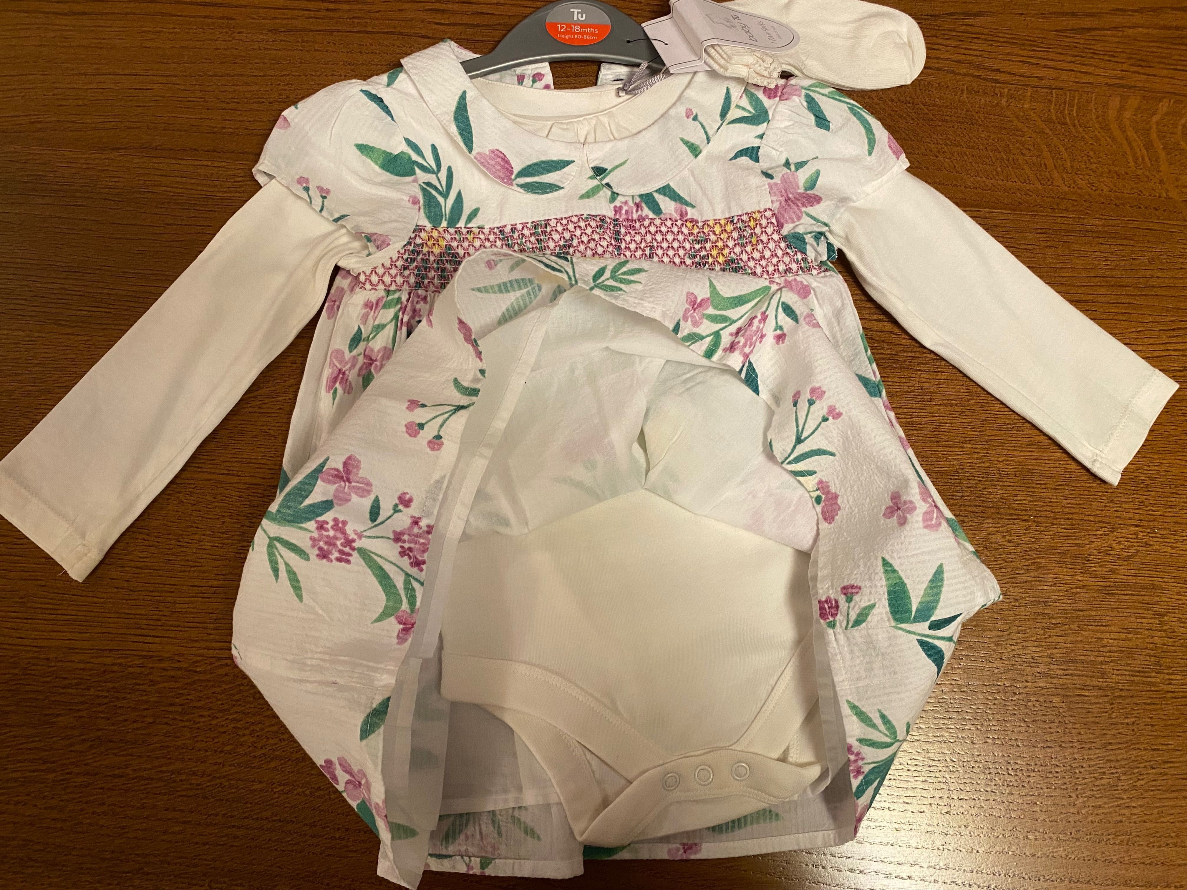 Sukienka 92 cm 3 set body długi rękaw i skarpetki TU Kwiaty 18- 24
