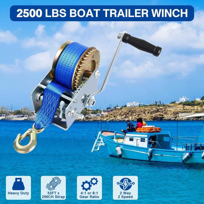 FreeTec ręczna wciągarka z niebieskim poliestrem 10 m 2500 lbs 1130kg