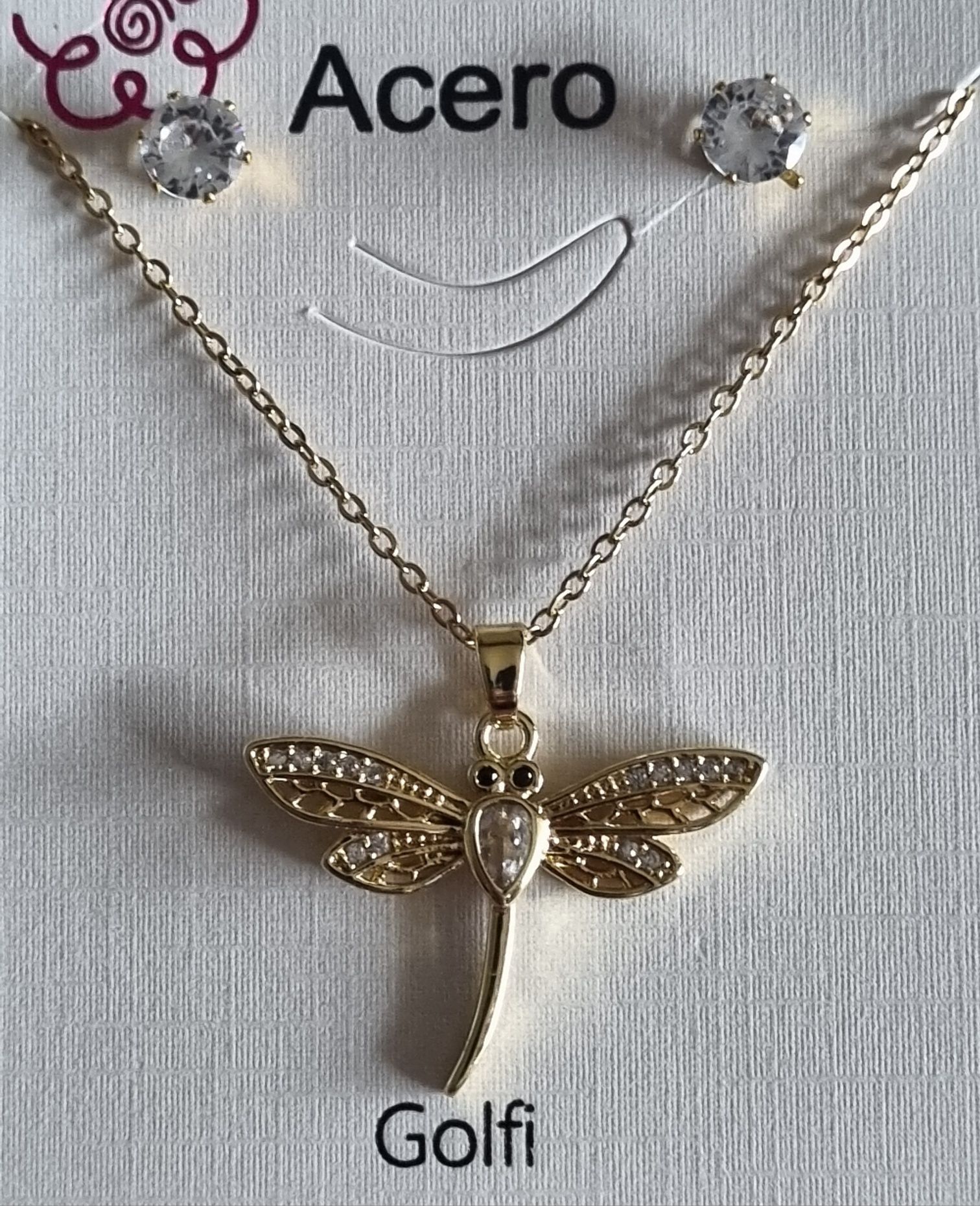 Conjunto dourado (colar e brincos), em aço, com  libelinha.