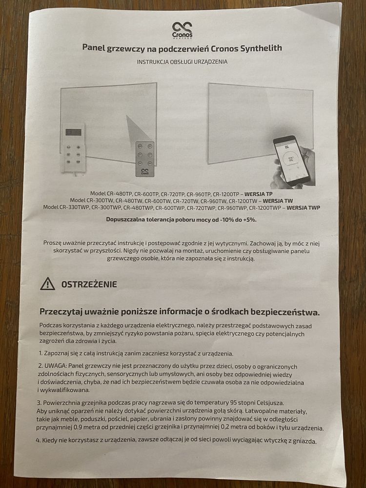 GRZEJNIK PANEL podczerwień promiennik CRONOS 1200W WiFi PILOT
