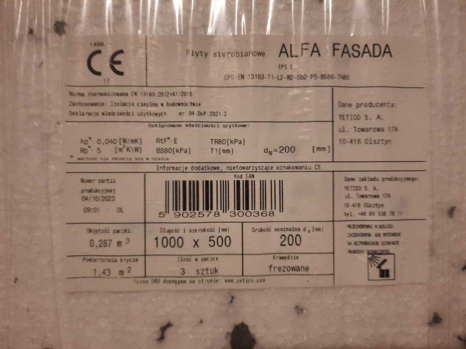 Styropian YETICO Alfa Fasada 200mm 0,04W/m2 frezowany