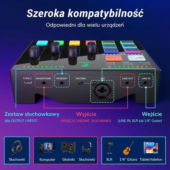 Mikrofon Dynamiczny Xlr Mikser Interfejs Audio Tonor Rgb Streaming
