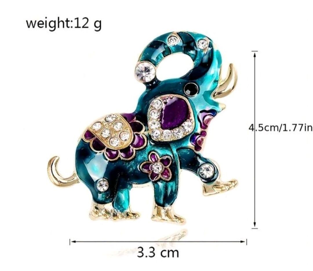 Broszka turkusowy słonik z fioletowymi kwiatuszkami i kryształkami