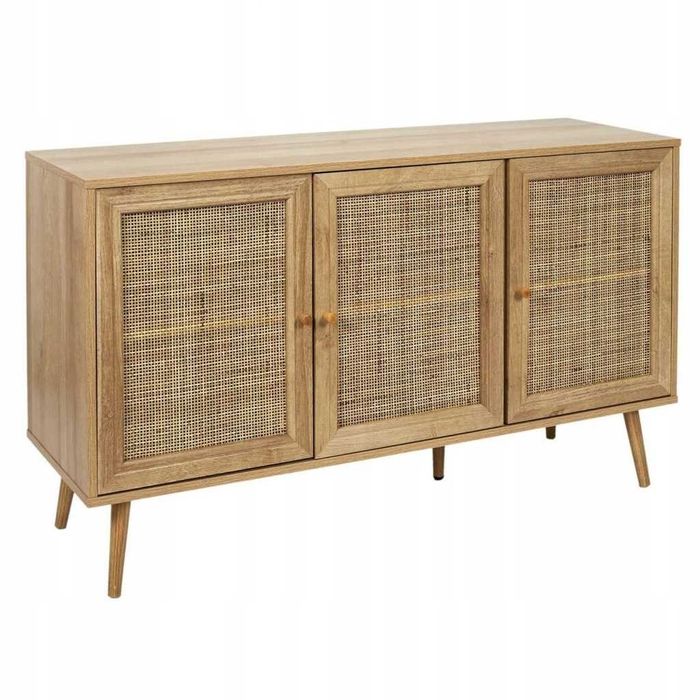 Komoda boho, plecionka, naturalna, do salonu, trzydrzwiowa, rattan dąb