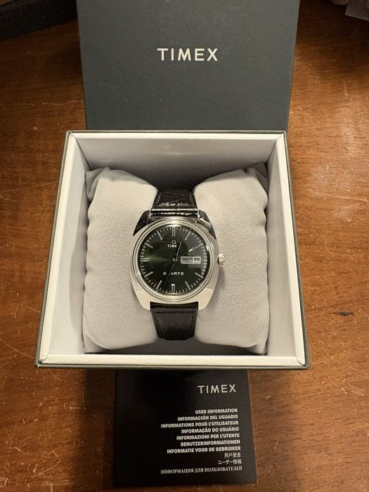 Relógio Q Timex 1978 Day/Date 37.5mm Leather Strap Watch