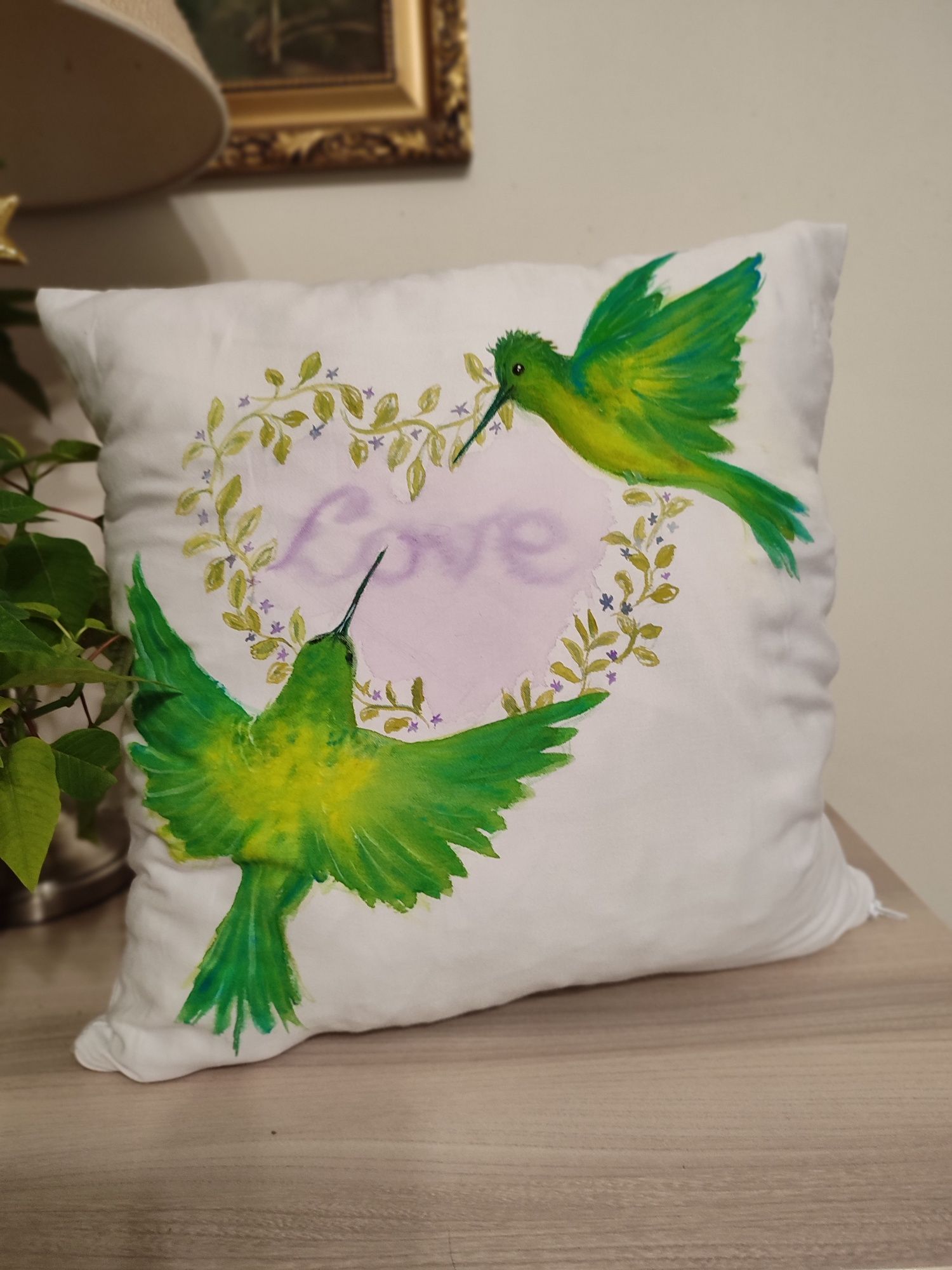 Poszewka kolibry walentynki rękodzieło Obraz malowany  handmade