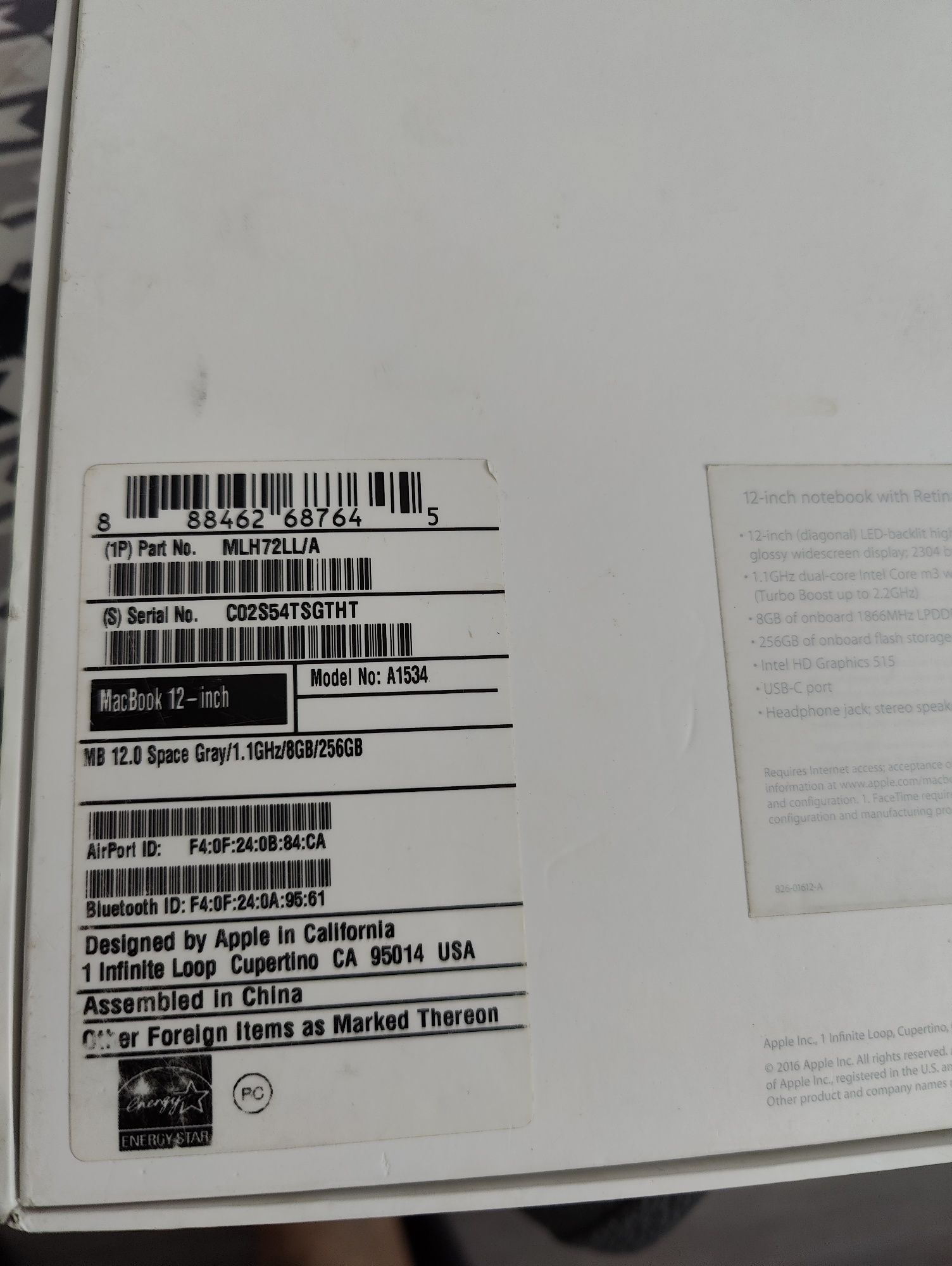 MacBook A1534  Retina12, 2016 r.  Intel m3