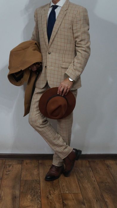 Garnitur Asos Rozmiar 48 Kolor Beżowy Krata