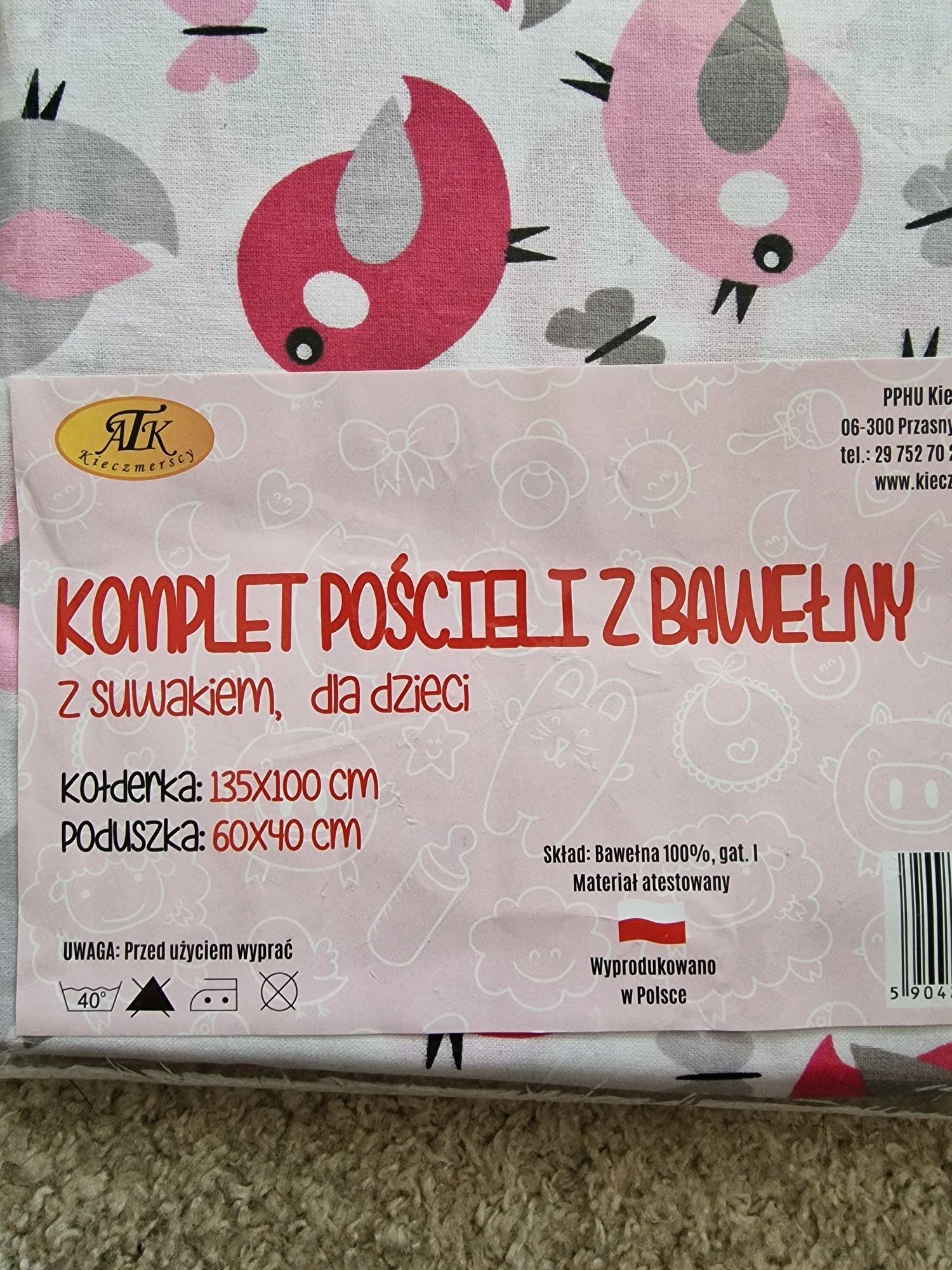 Kompet pościel kołdra poduszka 135x100 60x40 bawełna nową różowa biała