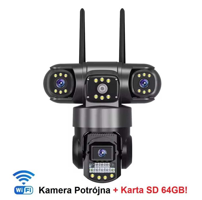 Inteligentna Kamera sieciowa WiFi  potrójna 4K 3x4MP + Karta SD 64GB!
