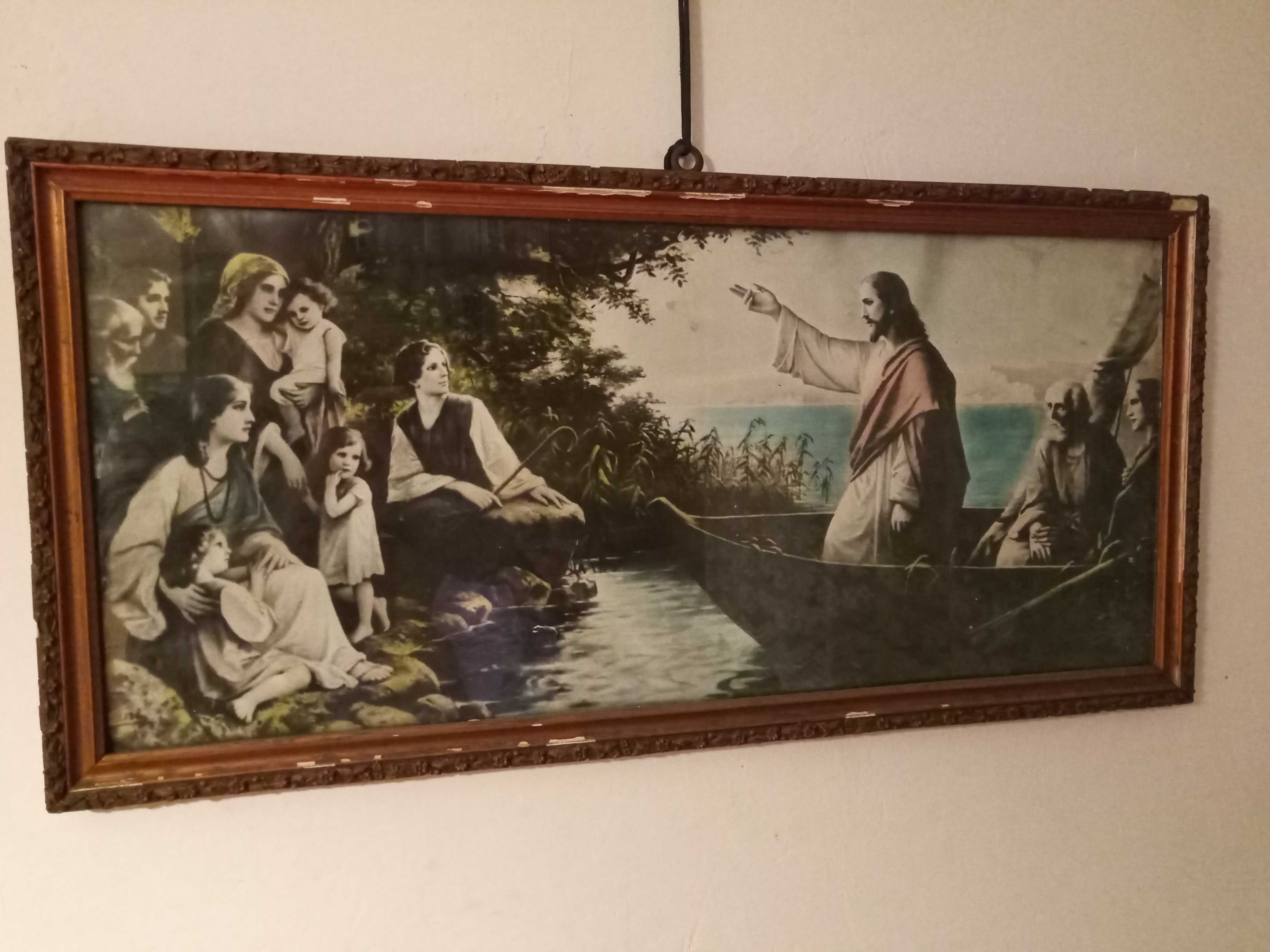 Jezus w łodzi - obraz stary poświęcony - duży 37x77 cm
