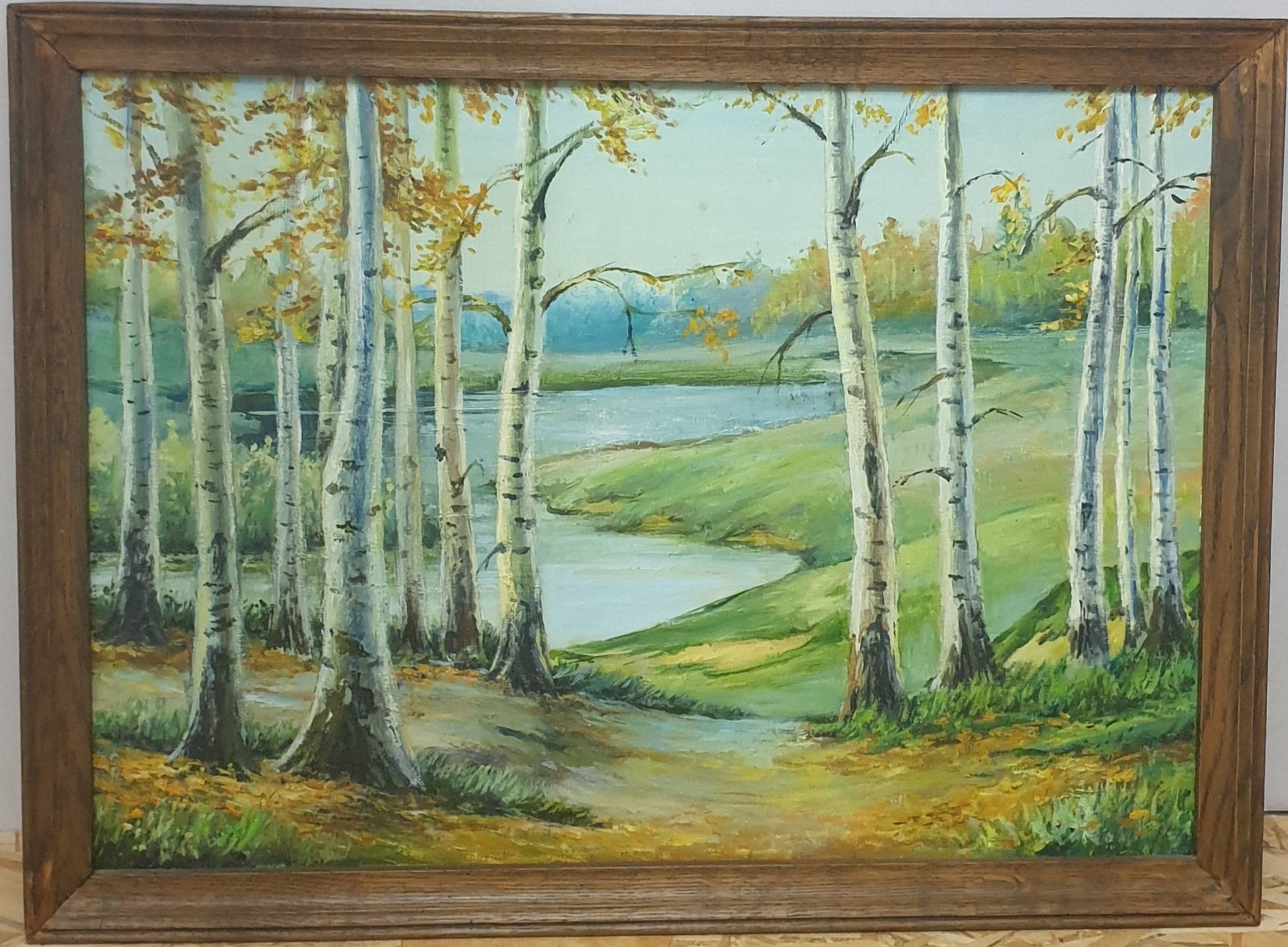 Картина "Берези біля річки" в дерев'яній рамці 70х50 см