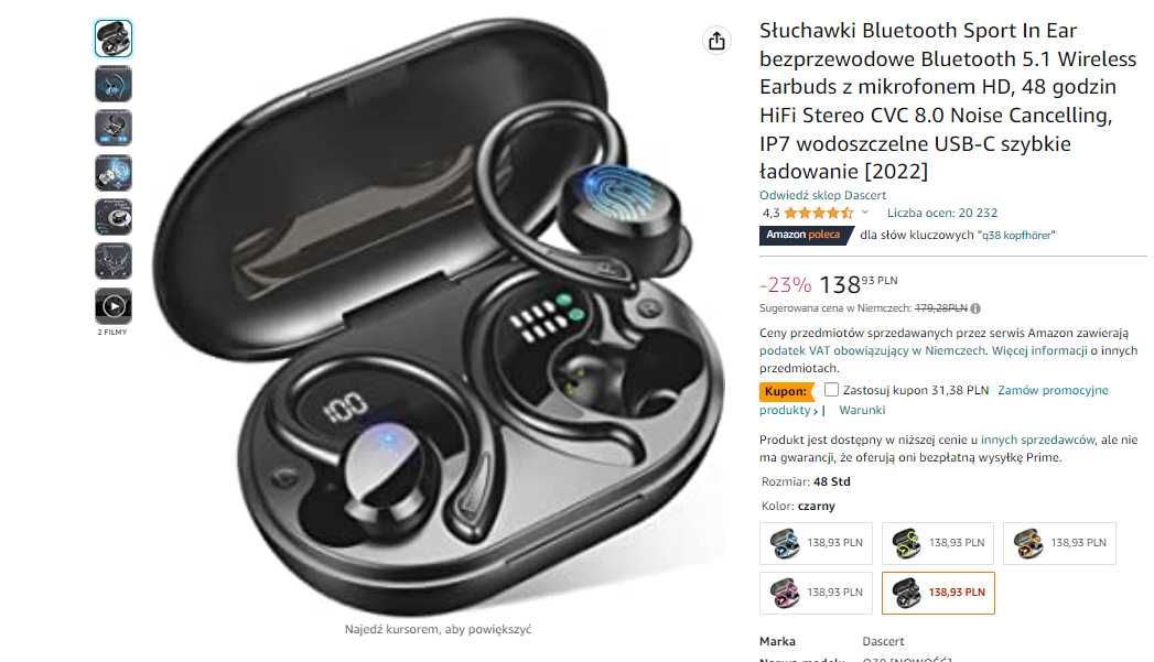 Słuchawki bezprzewodowe do biegania bluetooth HiFi 5.1 IP7 USB-C