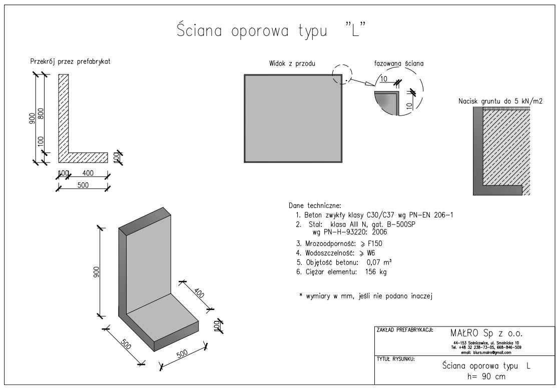 Mur oporowy typu L, mury oporowe elki 90x50x50x10 prefabrykat muru