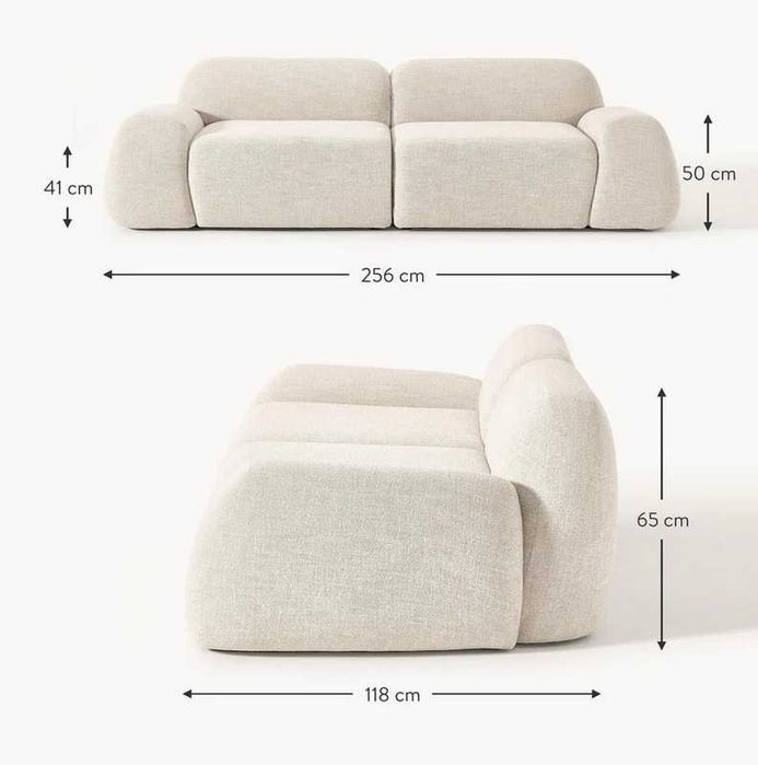 Nowoczesna sofa modułowa 3-os. Wolke Bouclé jasny beż 256x118x65cm