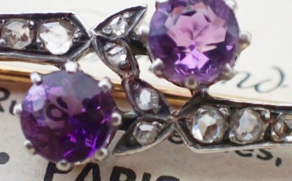 Art nouveau Francja broszka złoto 18 k srebro diamenty 0.50ct ametysty