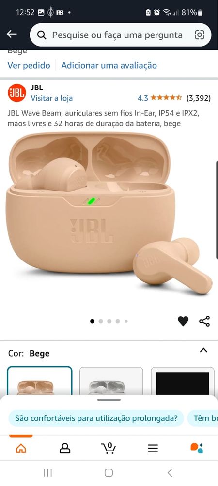 Fones JBL Wave Beam cor bege