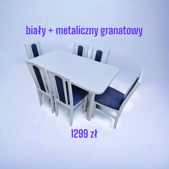 Nowe: Stół 80x140/180 + 6 krzeseł, biały + metaliczny granat, transPL