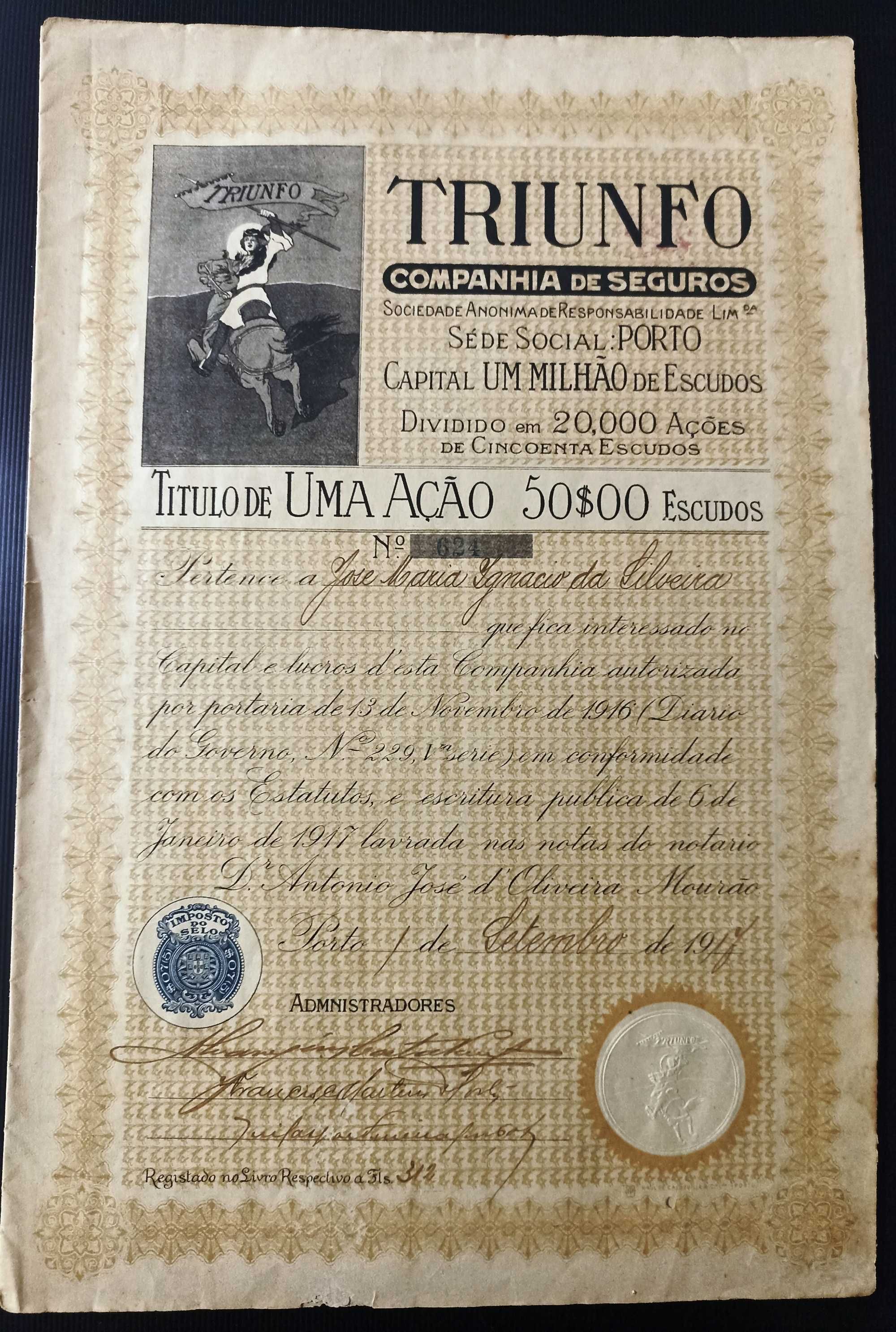 Título de uma acção da Companhia de Seguros Triunfo 1917