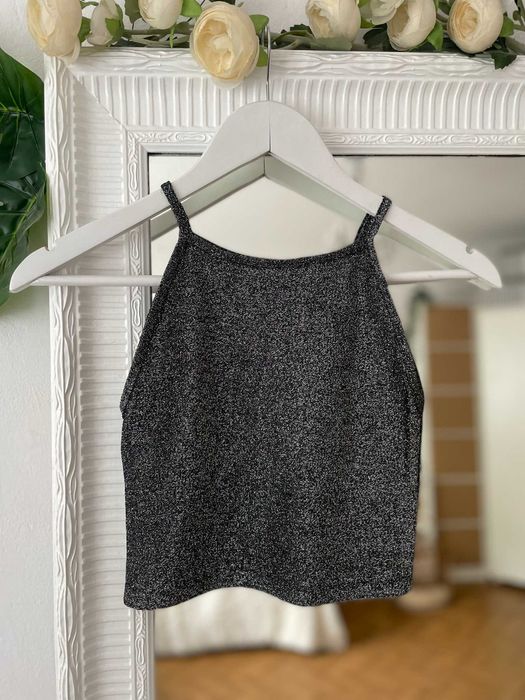 Sinsay crop top srebrny połyskujący halter y2k aesthetic vintage XS 34