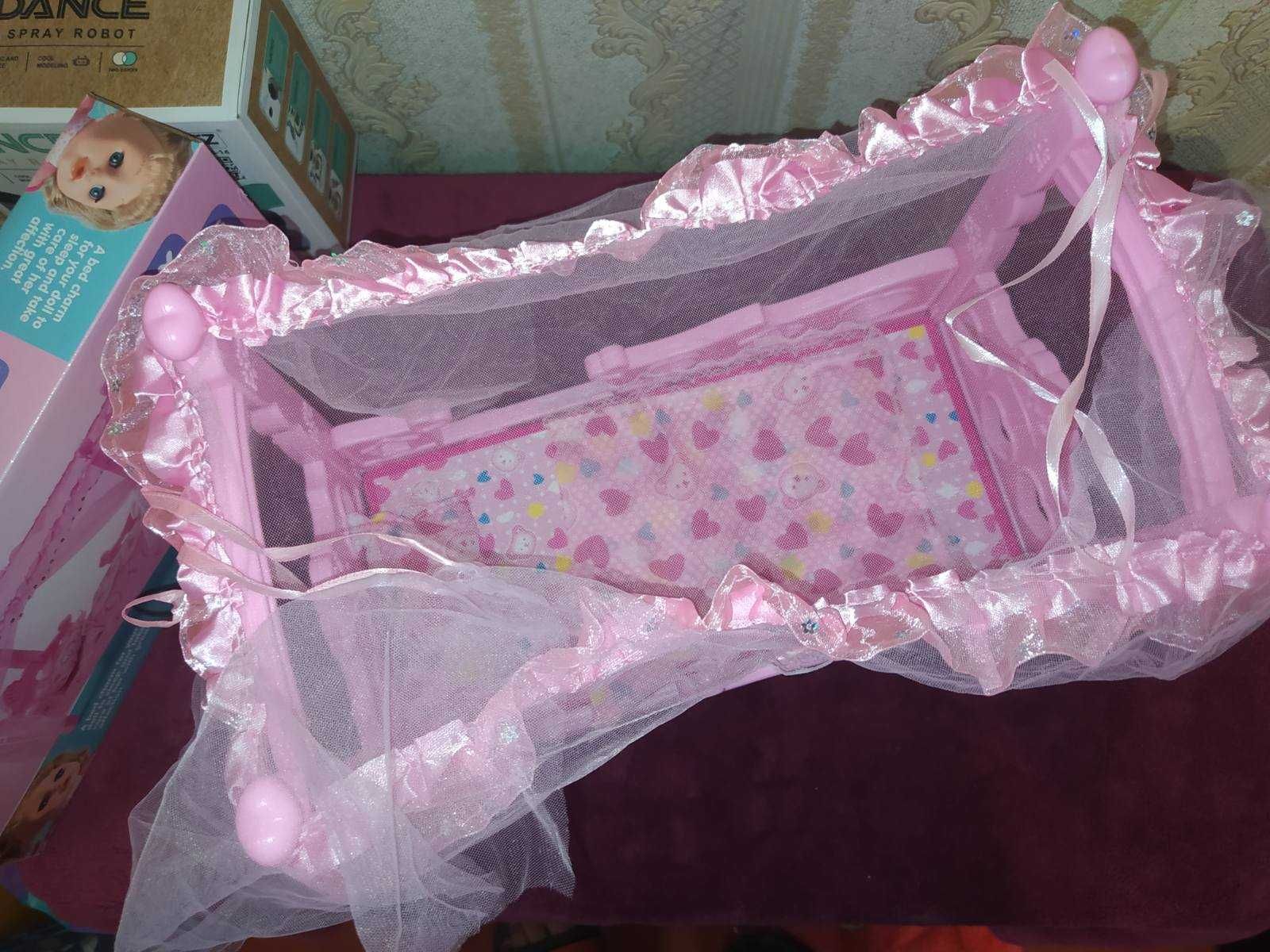 Ліжко для ляльки Барбі балдахін,подушка, простирадло, ковдра, довжина