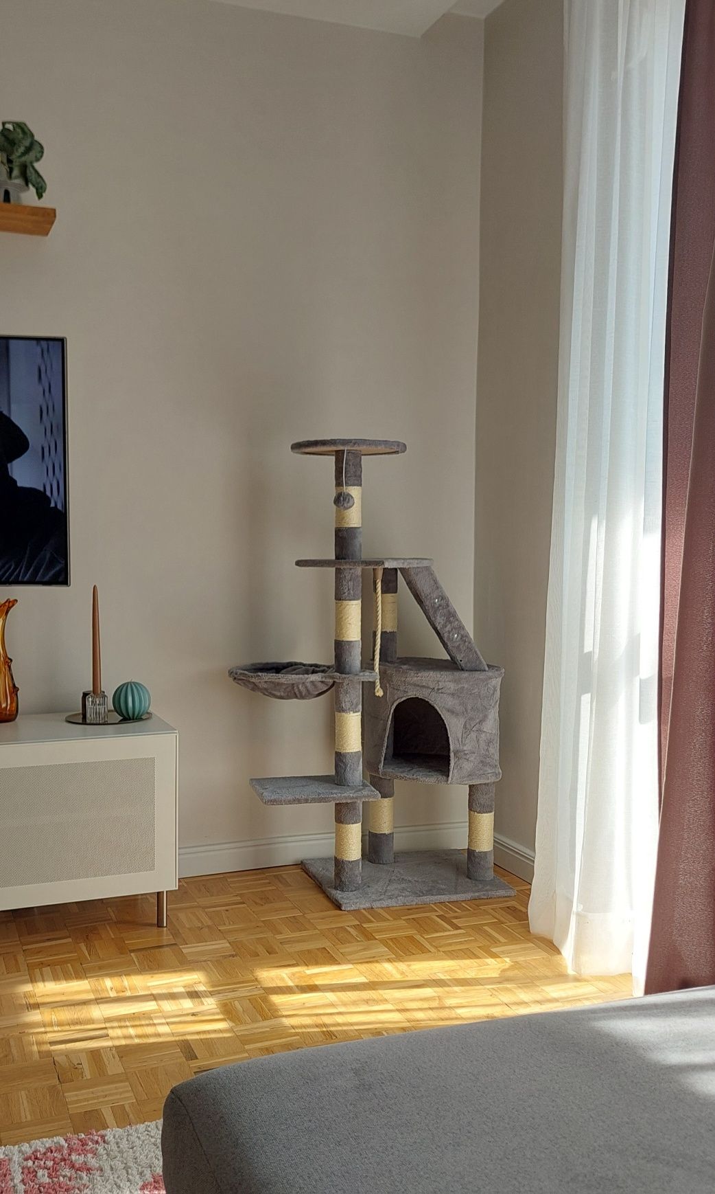 Nowy drapak dla kota wysoki XL stabilny legowisko szare domek drabinka