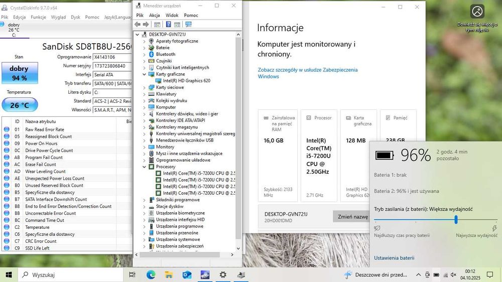 Lenovo T470, dysk 256GB SSD, RAM 16GB DDR4, Core i5 7 gen, BIOS 2024r.