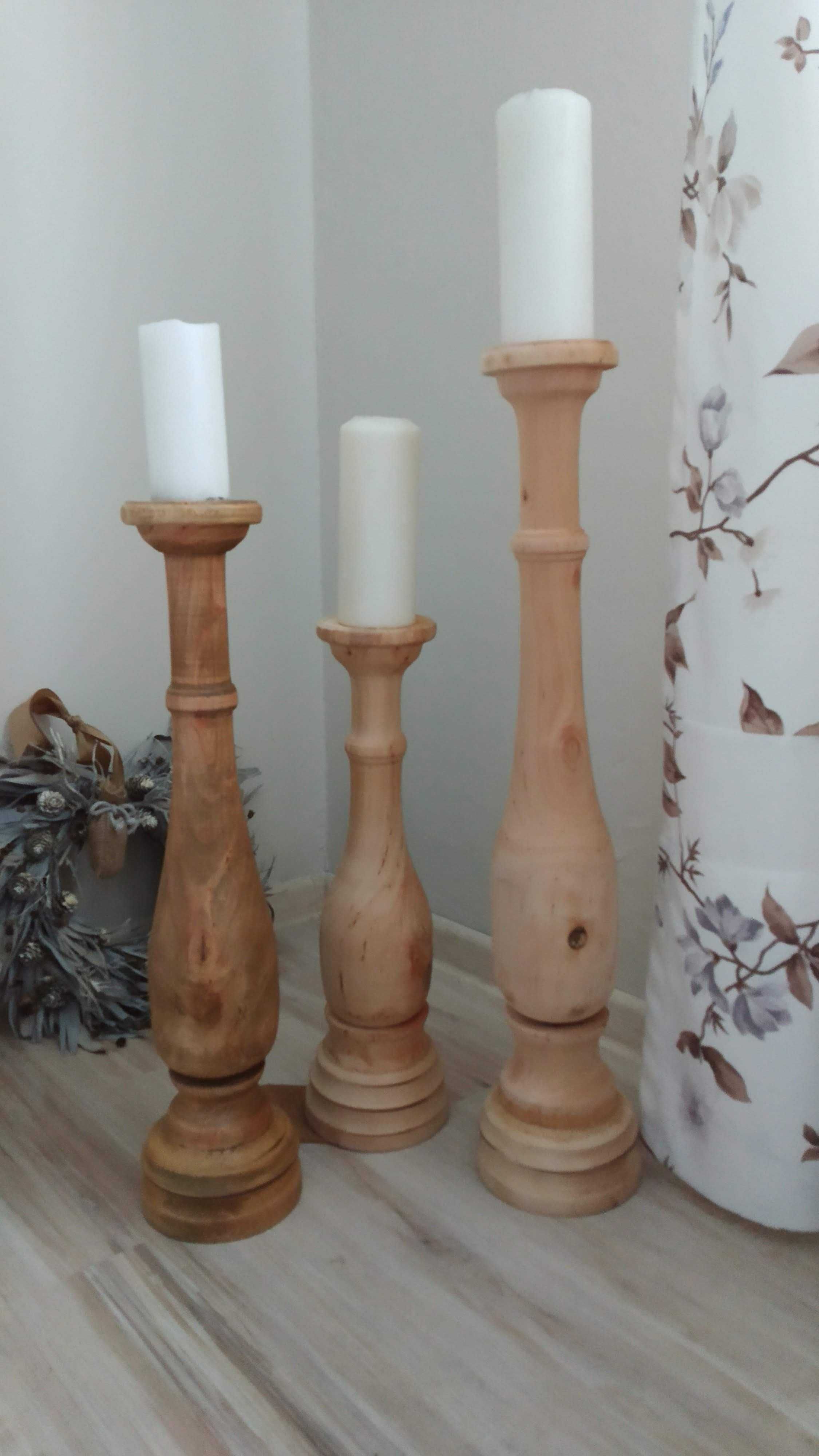 Świeczniki vintage drewniane toczone ręcznie rustykalny styl