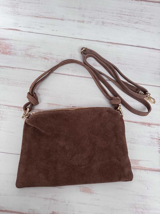 PIĘKNA brązowa zamszowa torebka Laura Biaggi Made In Italy 100% skóra