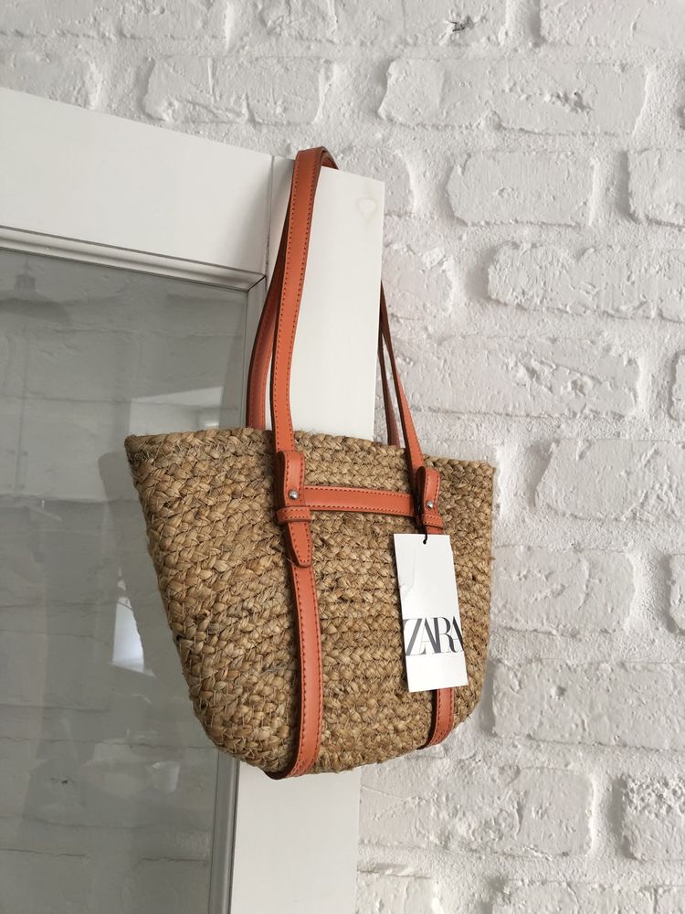 Zara torba koszyk z juty beżowa pomarańczowa kosz shopper