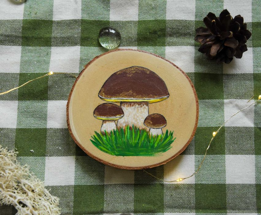 Drewniane ręcznie malowane jesienne ozdoby, prezent, grzyb, borowik