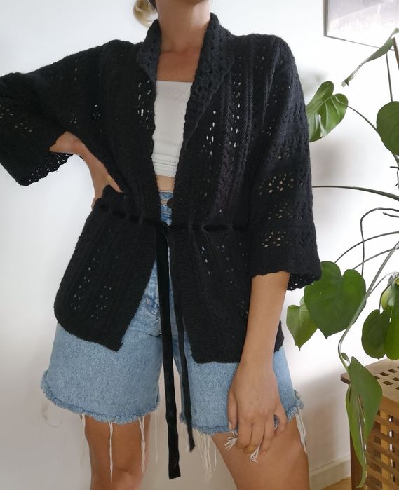 Czarny ażurowy kardigan oversize boho wełna vintage