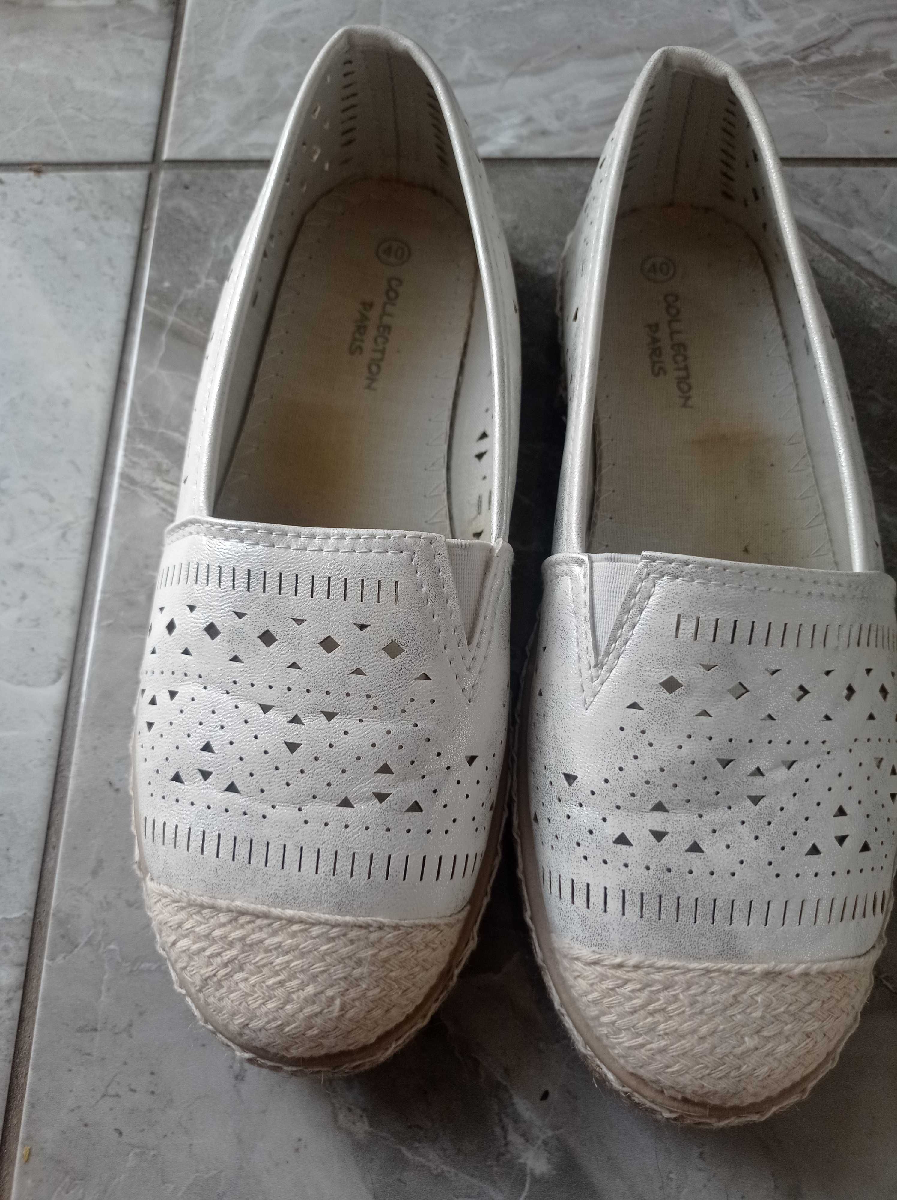 Buty płaskie espadryle biało srebrne 40