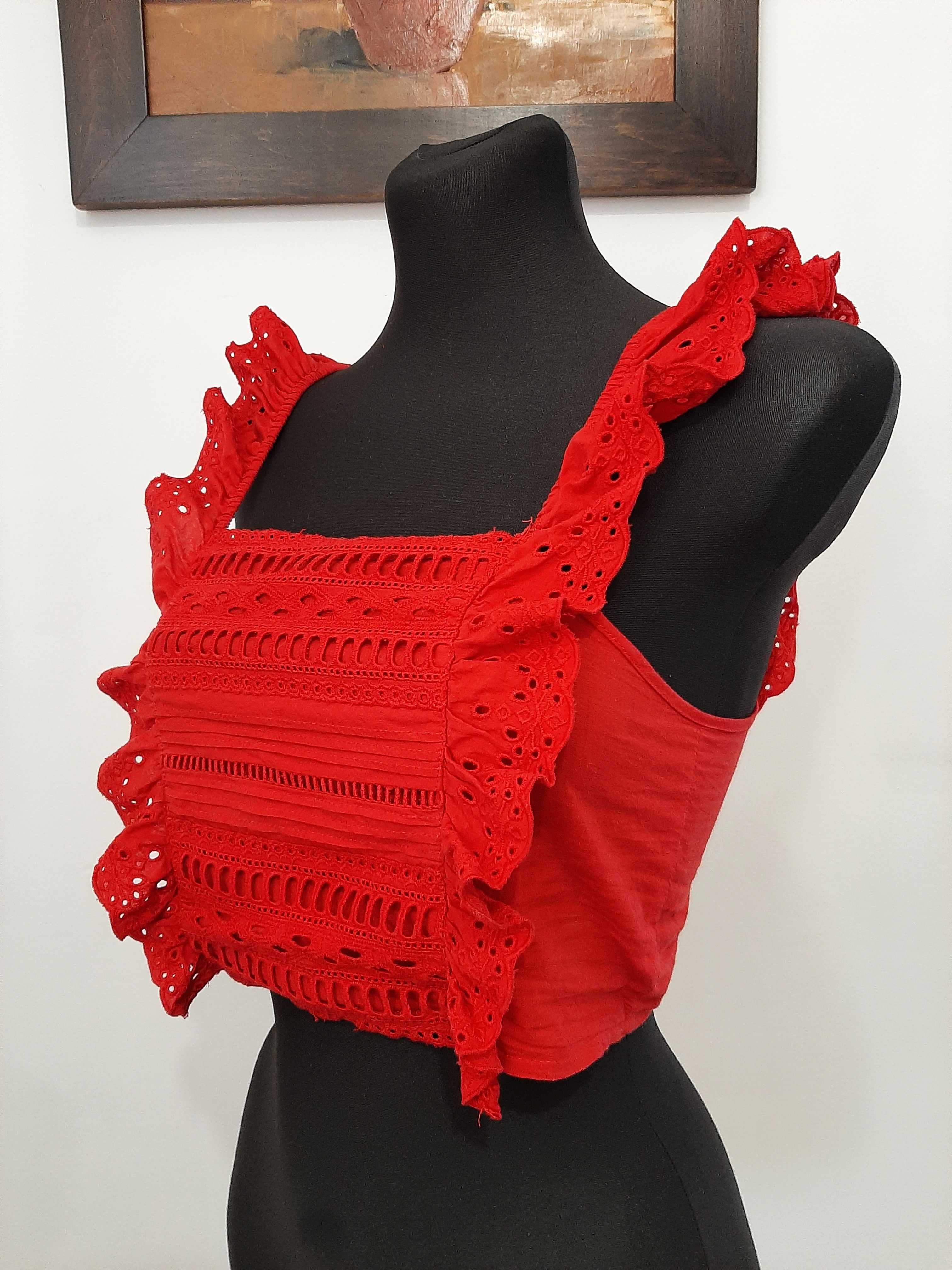 Czerwony crop top z falbankami, XS/S