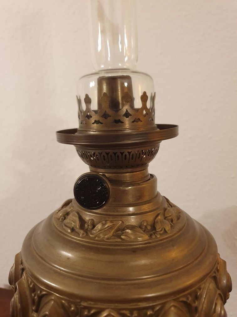 Piękna poniemiecka lampa naftowa. Oryginalna patyna. Mosiądz Sygnatura